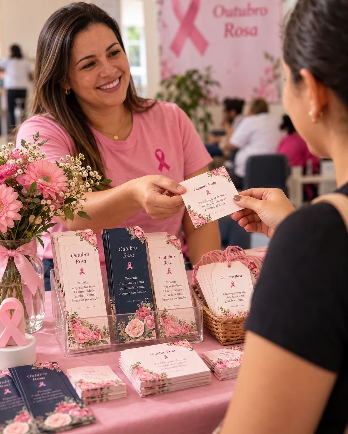 Cena ilustrativa de entrega de uma lembrancinha em uma ação do Outubro Rosa