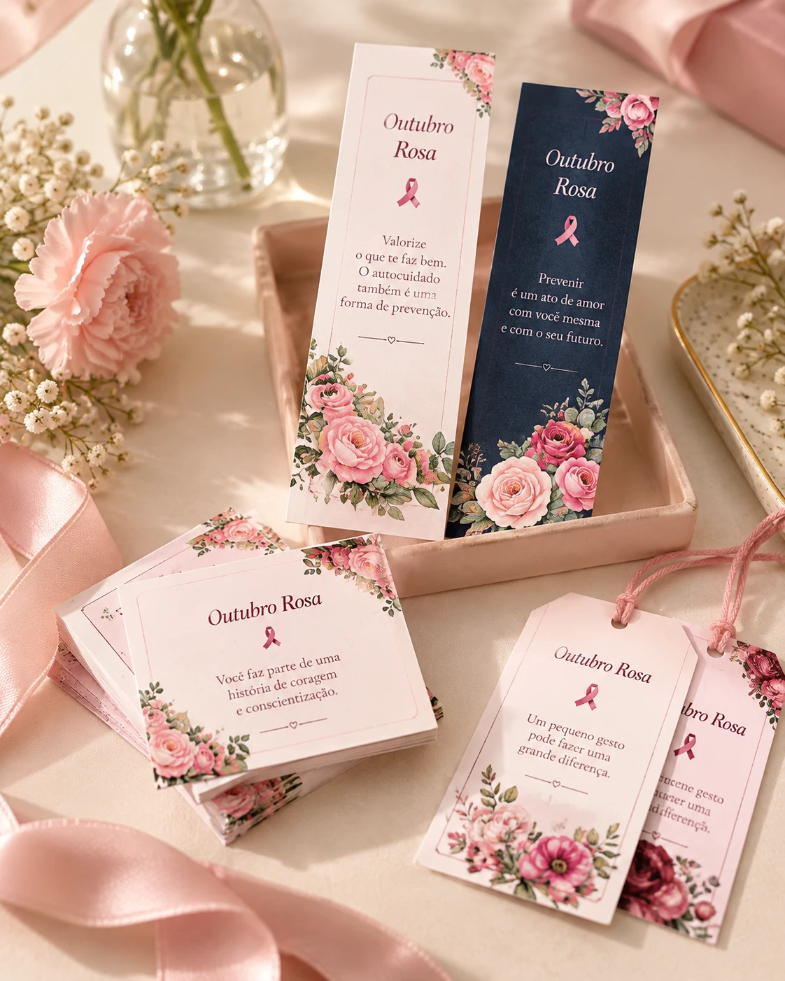 Apresentação ilustrativa de marcadores, mini cartões e tags do Outubro Rosa sobre uma mesa